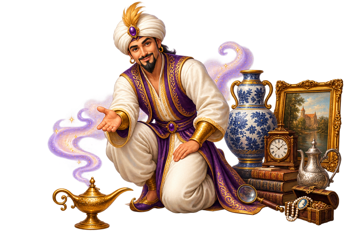 Antiques Genie with a magic lamp and antique objects