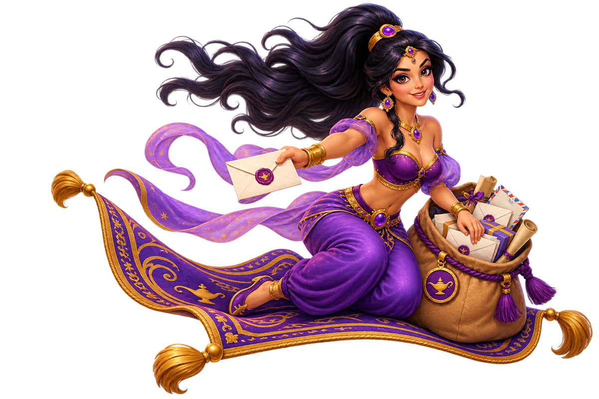 Genie flying on a magic carpet carrying a bag of mail