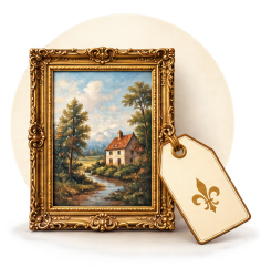 Framed antique artwork with price tag